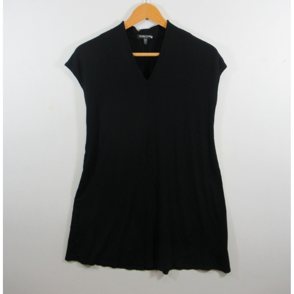 Eileen Fisher Jersey Dress Petite PL Black Cap Sleeve Stretch V-Neck Lightweight